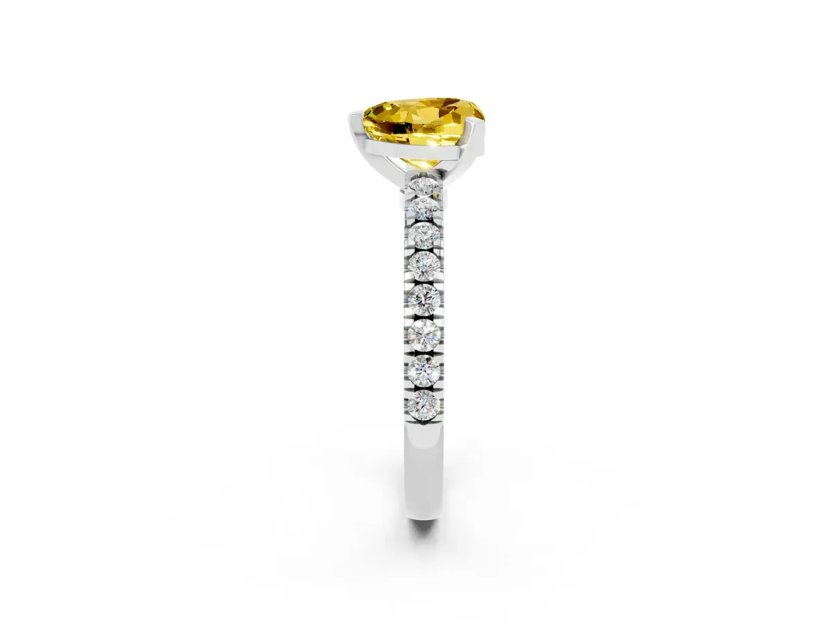 Heart Cut Solitaire Yellow Sapphire with Pavé Band and Four-Prong Setting Silver