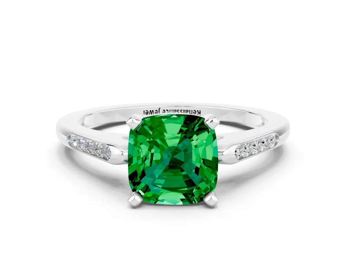 Cushion Cut Emerald Solitaire Ring with Channel Set Round Band and Prong Setting Silver
