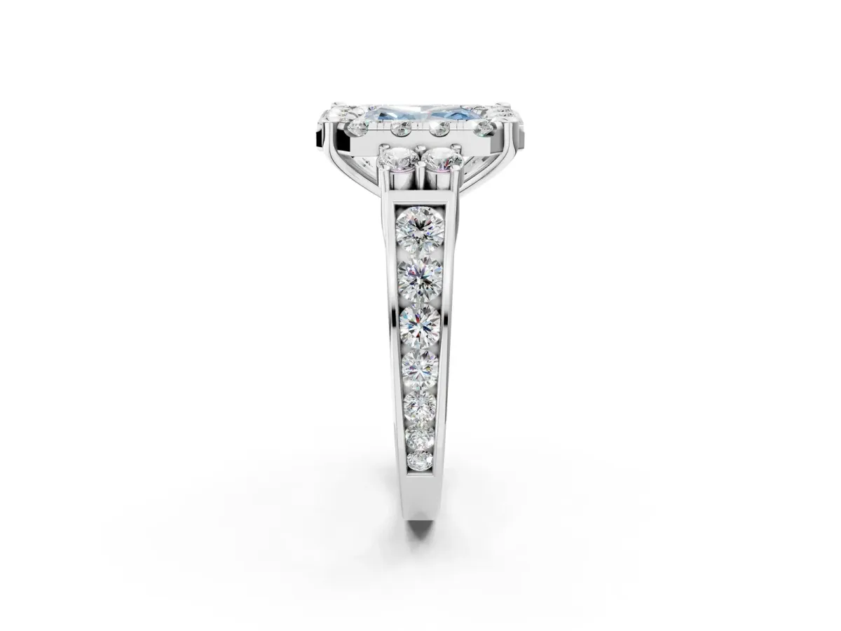 Fancy Blue Radiant Cut Halo Diamond Engagement Ring with Split Shank and Four-Prong Setting Platinum
