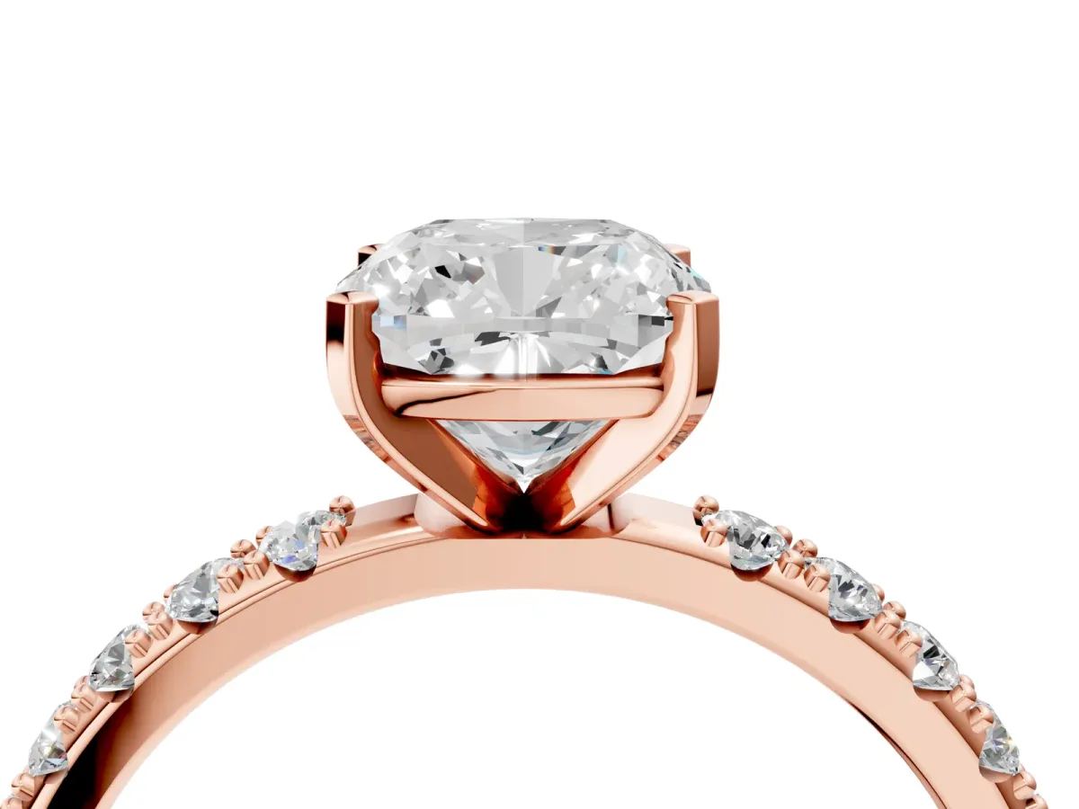 Cushion Cut Diamond Solitaire Pavé Band with Four-Prong Setting Rose gold