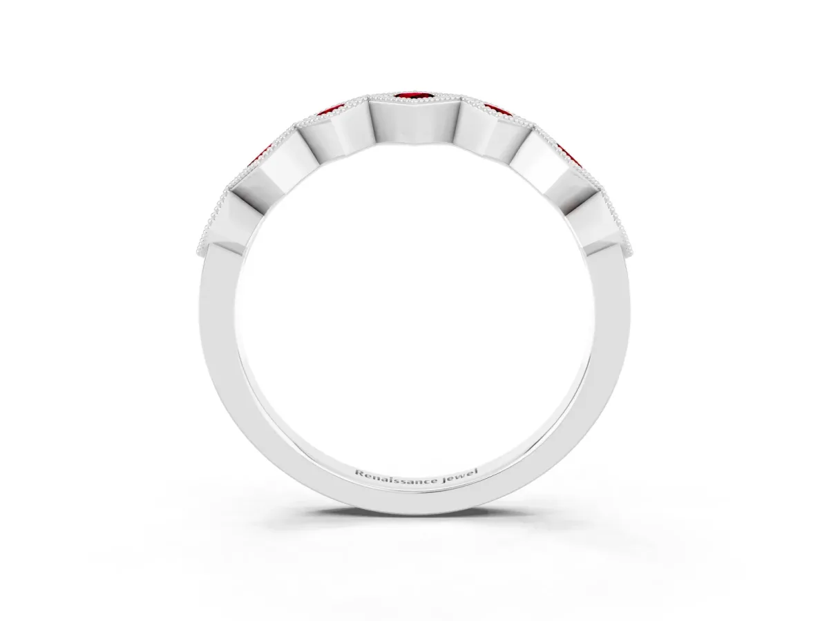 Milgrain Square Bezel Round Ruby Chevron Band Platinum