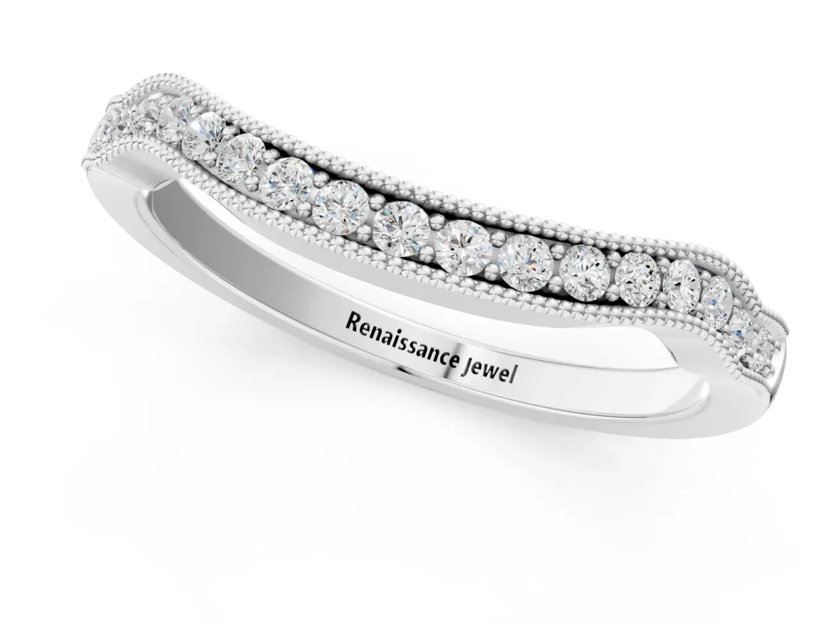 Curved Pavé Diamond Milgrain Band with Round Brilliant Stones Silver