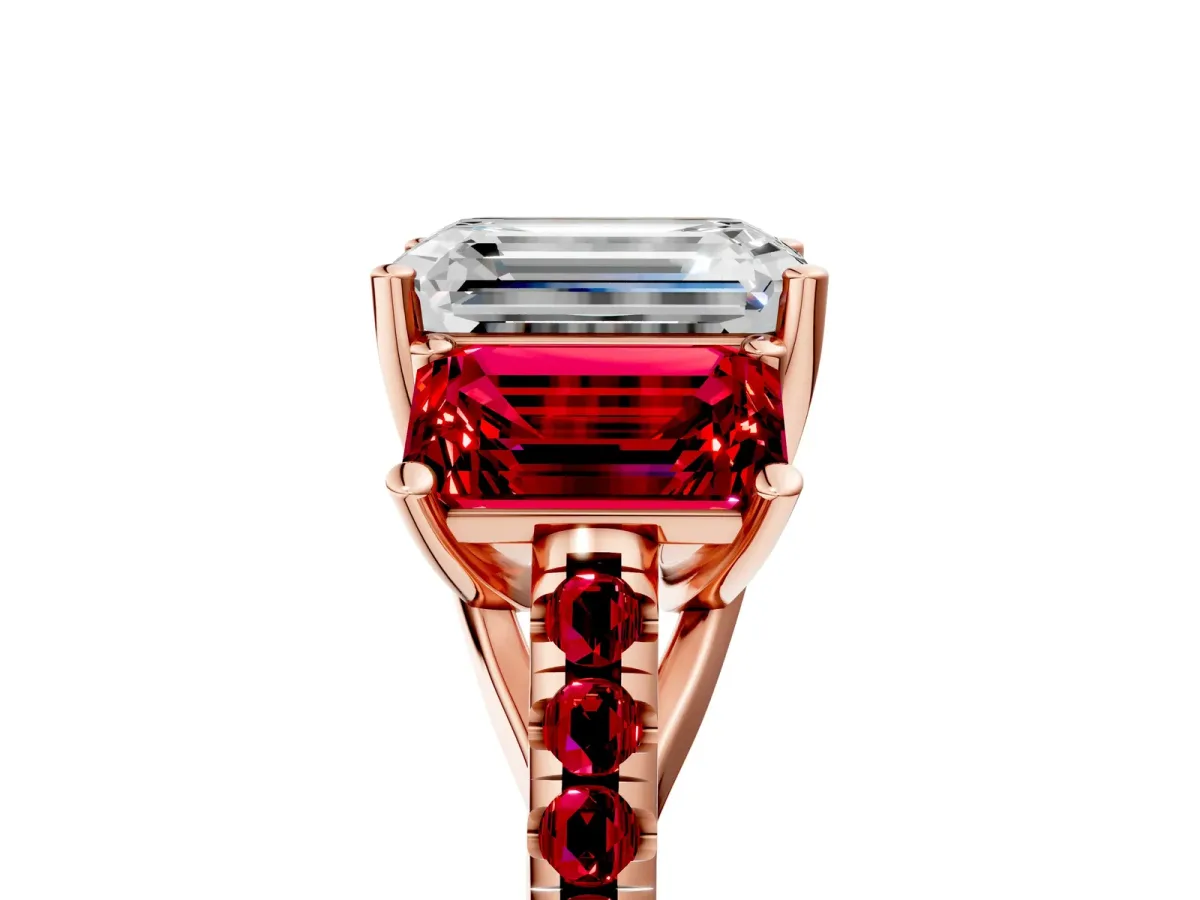 Three-Stone Emerald Cut Diamond Ring with Round Ruby Pavé Band and Prong Setting Rose gold