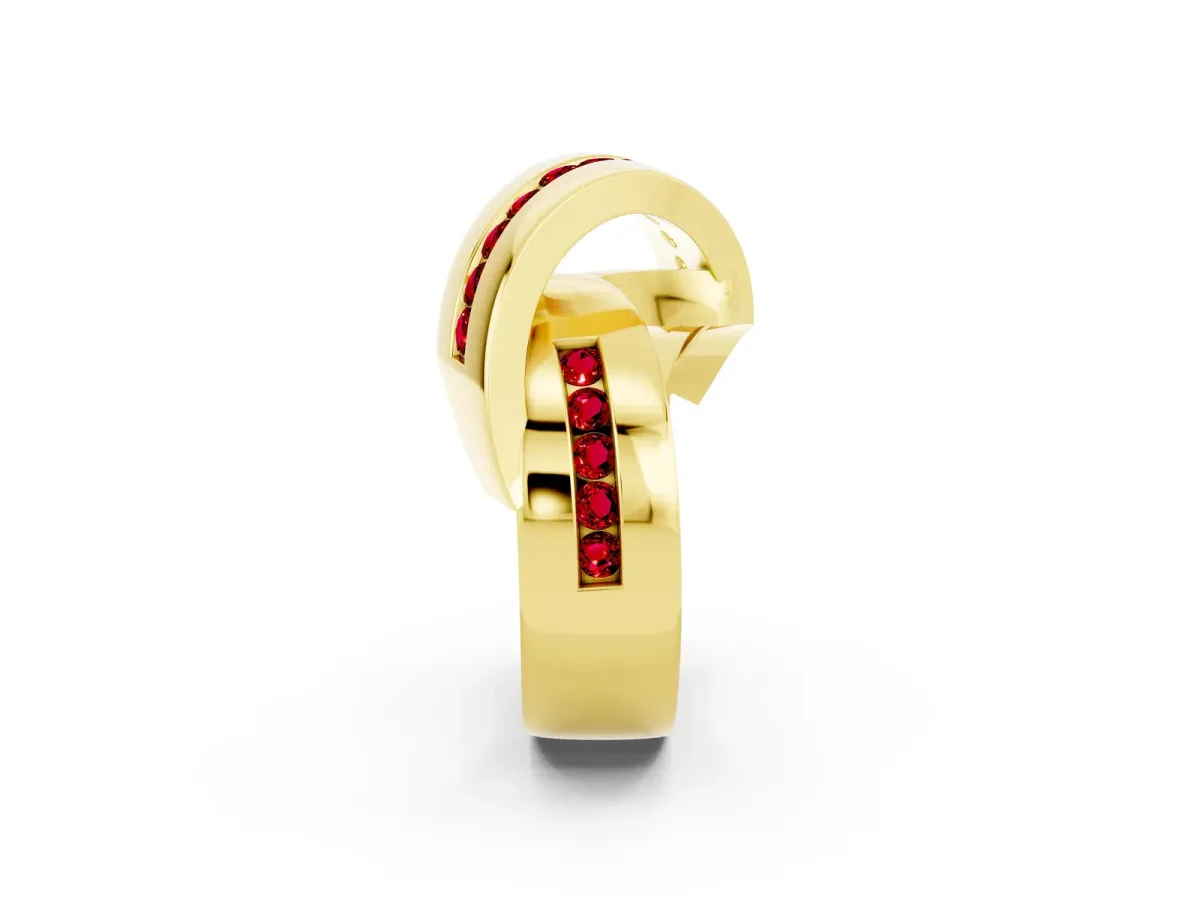 Pavé Round Ruby Crossover Band with Channel Setting Yellow gold
