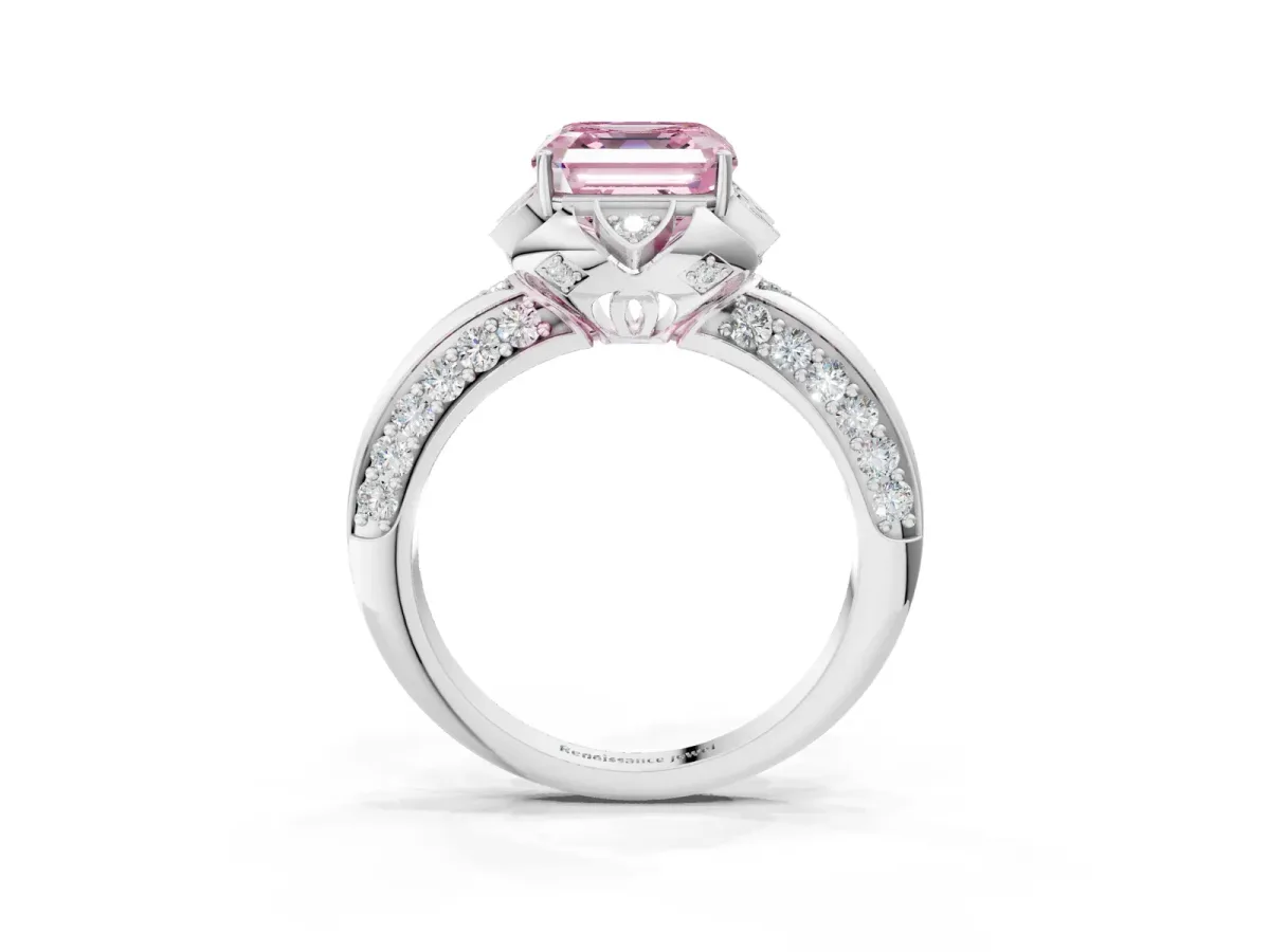 Fancy Pink Asscher Cut Halo Split Shank Pave Diamond Ring with Petal Prong Setting Platinum