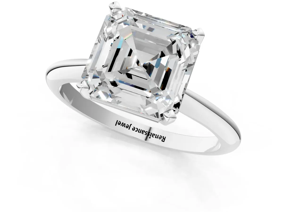 Asscher Cut Cut Solitaire Ring with Four-Prong Setting on a Classic Band Platinum