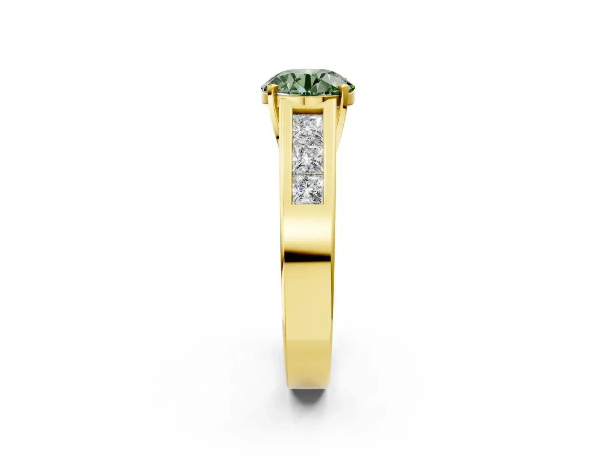Fancy Green Round Cut Cut Channel Set Solitaire Ring with Four-Prong Setting Yellow gold