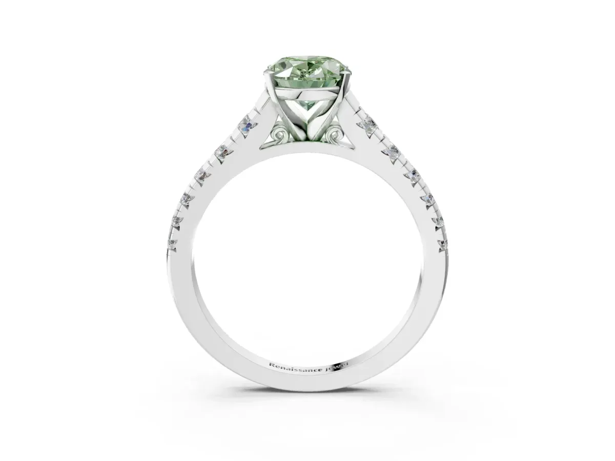 Fancy Green Oval Cut Diamond Cathedral Solitaire Ring with Round Pavé Band Silver