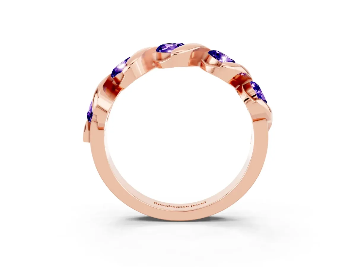 Round Tanzanite Wave Band with Channel Setting and Shared Prongs Rose gold