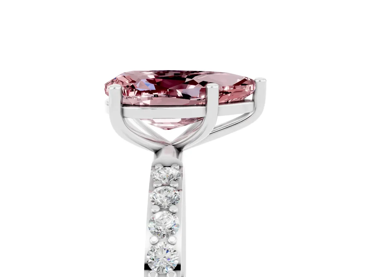 Pear Cut Morganite Solitaire Ring with Round Pavé Band and Prong Setting Platinum