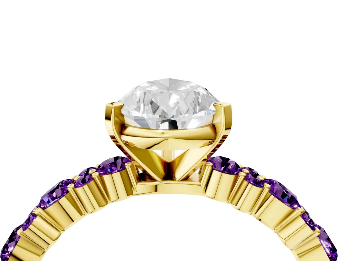 Pear Cut Diamond Side Stone Solitaire Ring with Round Amethyst and Four-Prong Setting Yellow gold