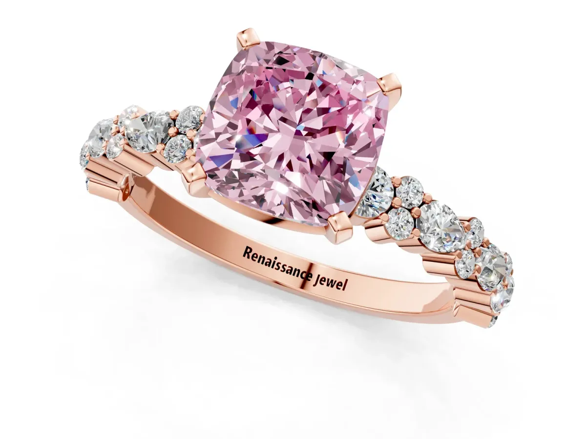 Fancy Pink Cushion Cut Diamond Side Stone Solitaire Ring with Round and Four-Prong Setting Rose gold