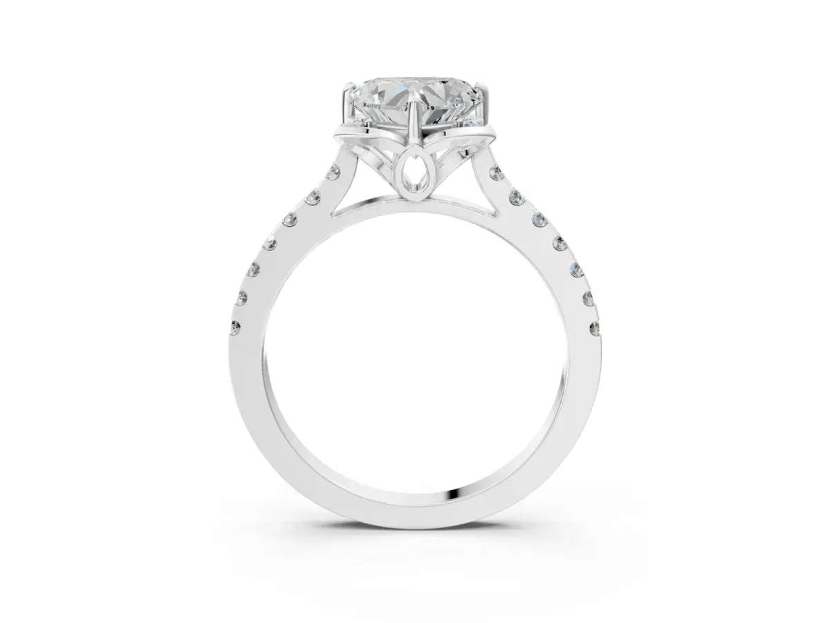 Heart Cut Diamond Ring with Pavé Band and Floral Prong Setting Silver
