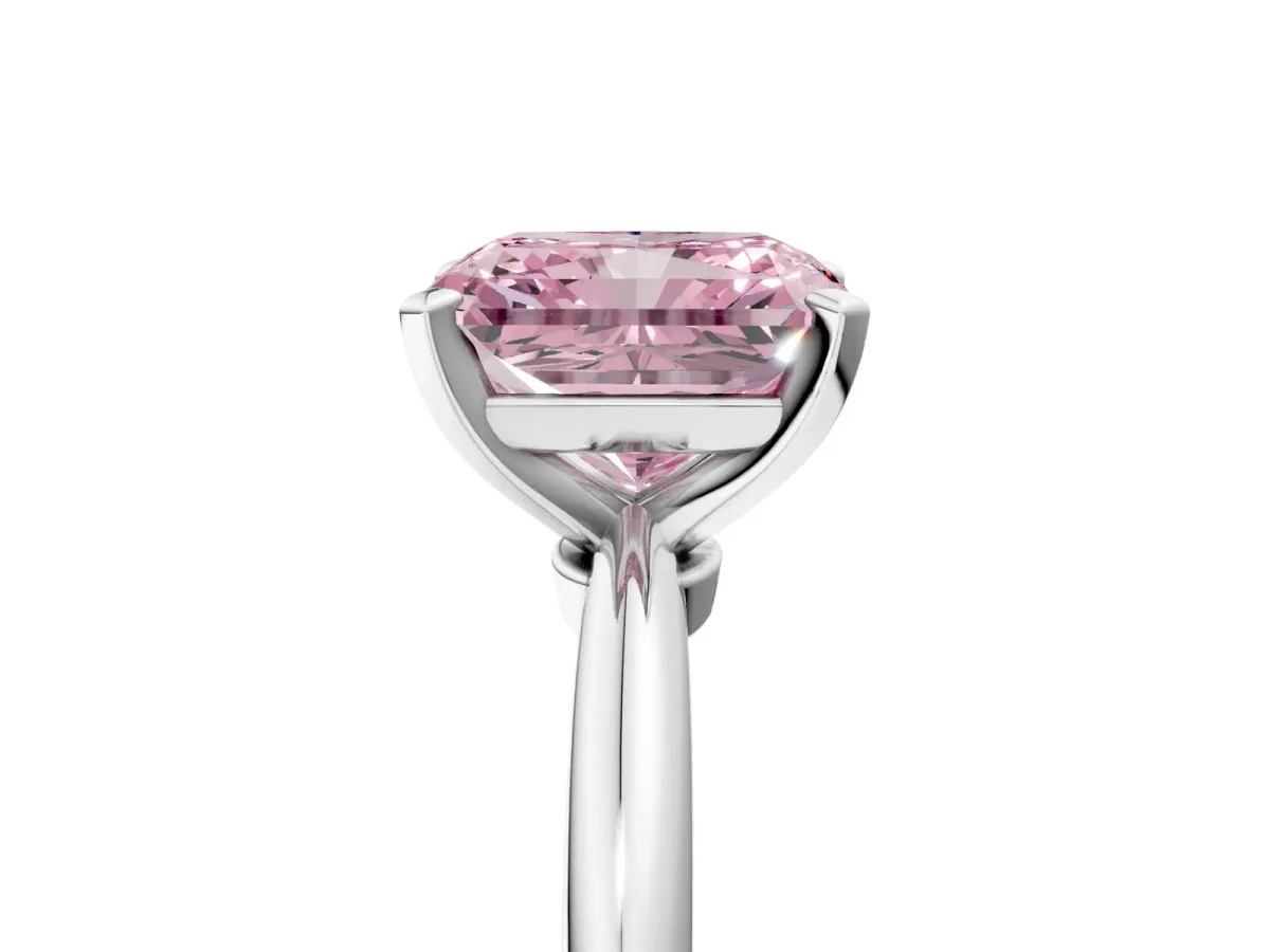Fancy Pink Radiant Cut Diamond Solitaire Ring with Six-Prong Setting and Classic Band Silver