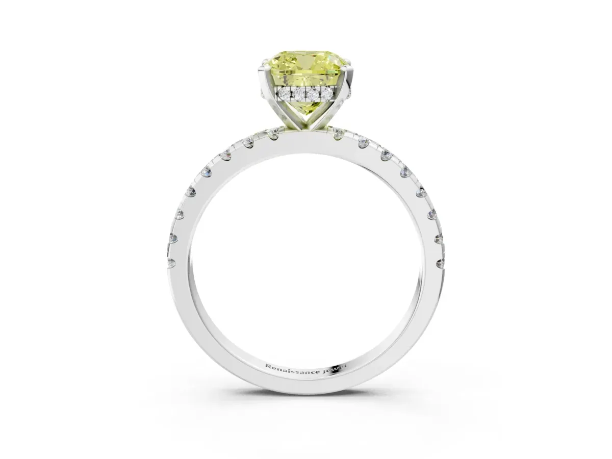 Fancy Yellow Cushion Cut Diamond Solitaire Ring with Round Pavé Band and Four-Prong Setting Silver