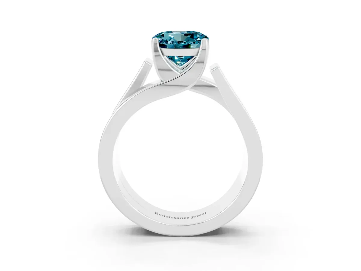 Modern Tension Set Round Cut Blue Topaz Solitaire Wide Band Ring Silver