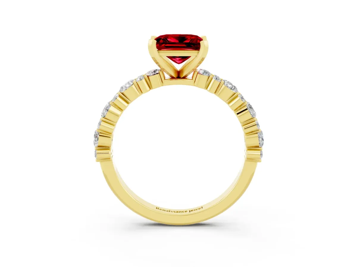 Princess Cut Ruby Side Stone Solitaire Ring with Round and Four-Prong Setting Yellow gold