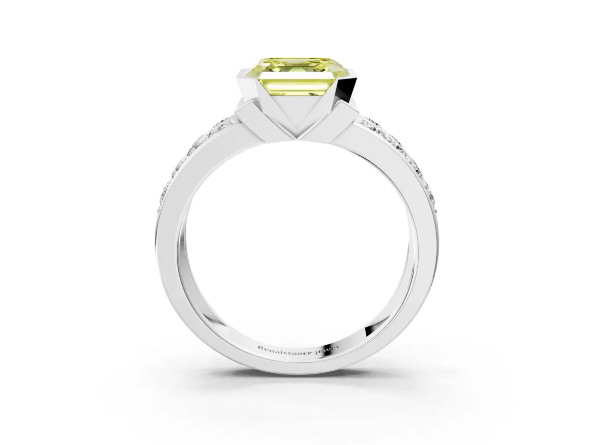 Fancy Yellow Asscher Cut Brilliant Diamond Channel Set Wide Band Ring with Bezel Setting Platinum