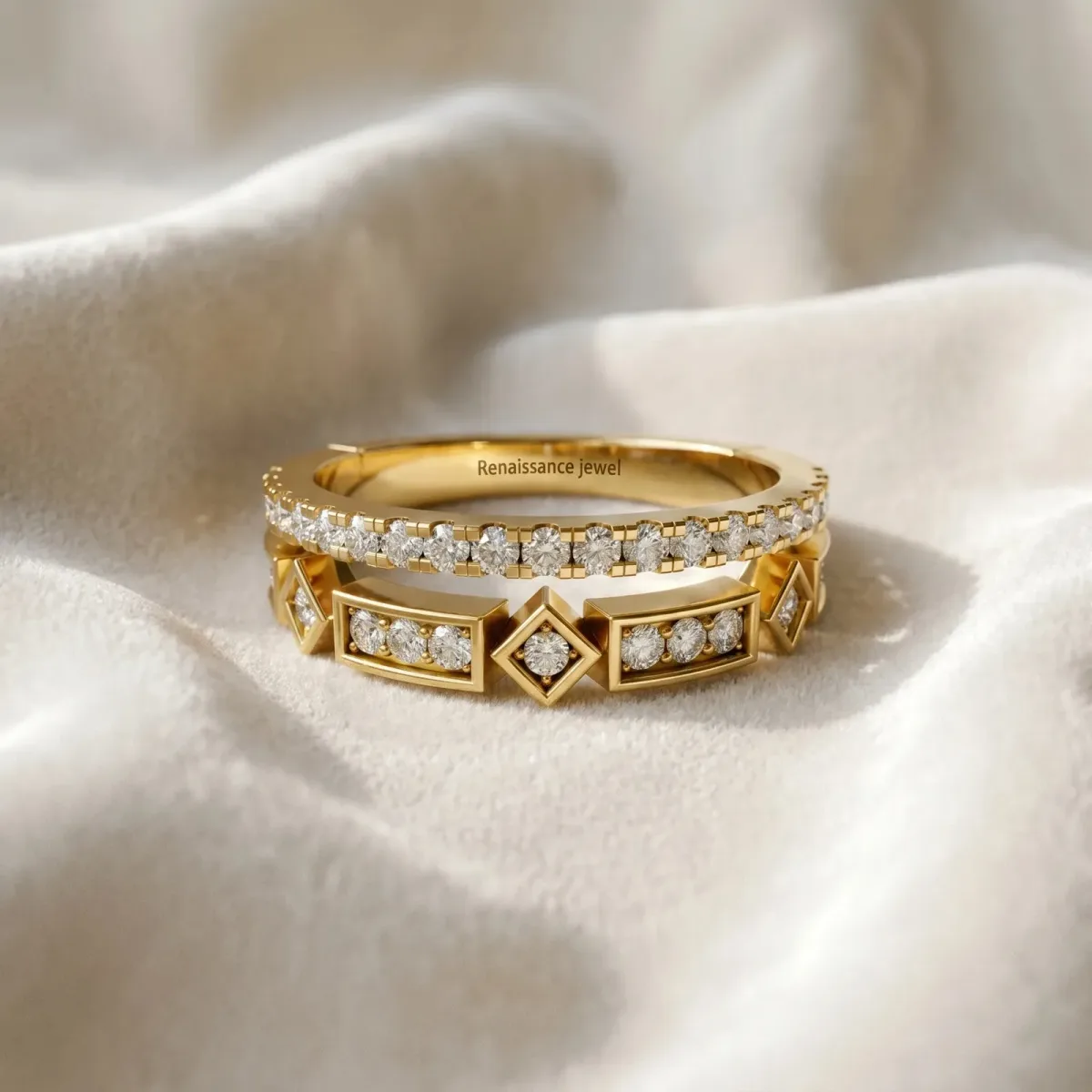 Pavé Round Diamond Channel Set Dual Band with Prong Setting Yellow gold