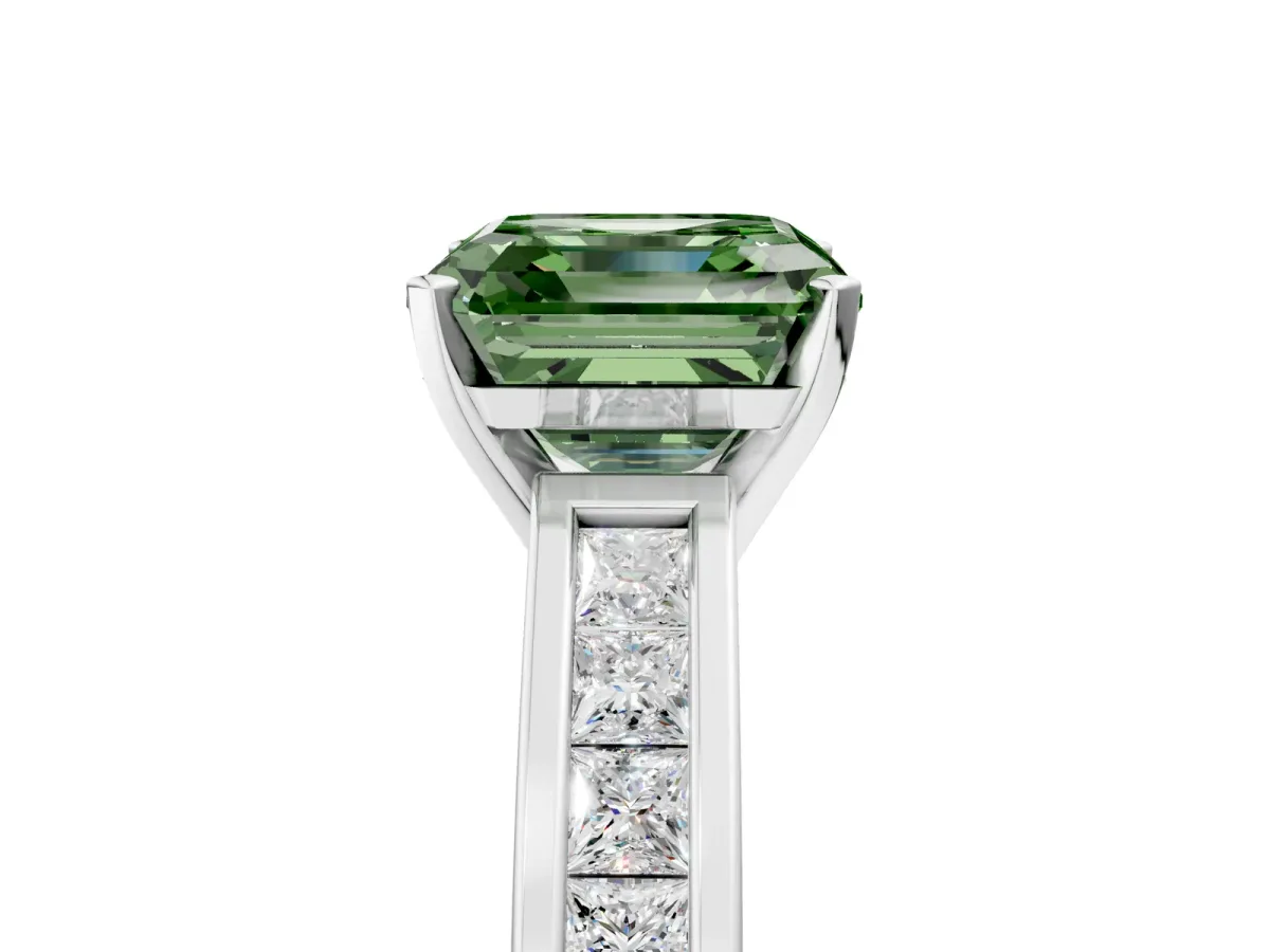 Fancy Green Asscher Cut Solitaire Diamond Ring with Channel-Set Band and Four-Prong Setting Platinum