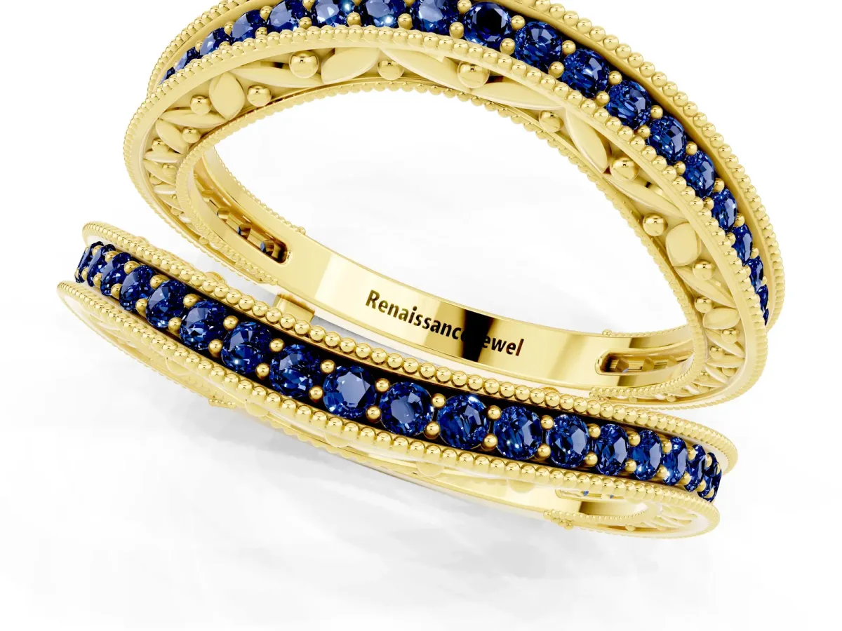 Round Blue Sapphire Milgrain Eternity Band with Channel Setting Yellow gold