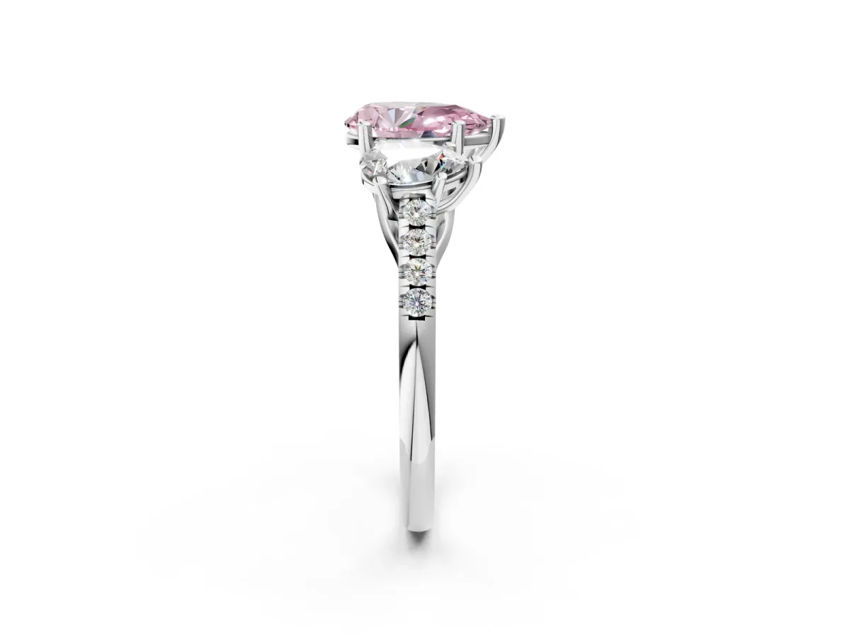 Fancy Pink Three-Stone Pear Cut Diamond Ring with Round Pavé Band and Prong Setting Silver