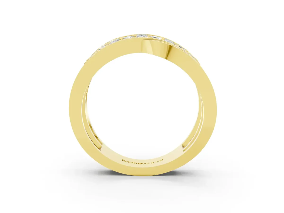 Pavé Round Moissanite Crossover Band with Bead Prong Setting Yellow gold