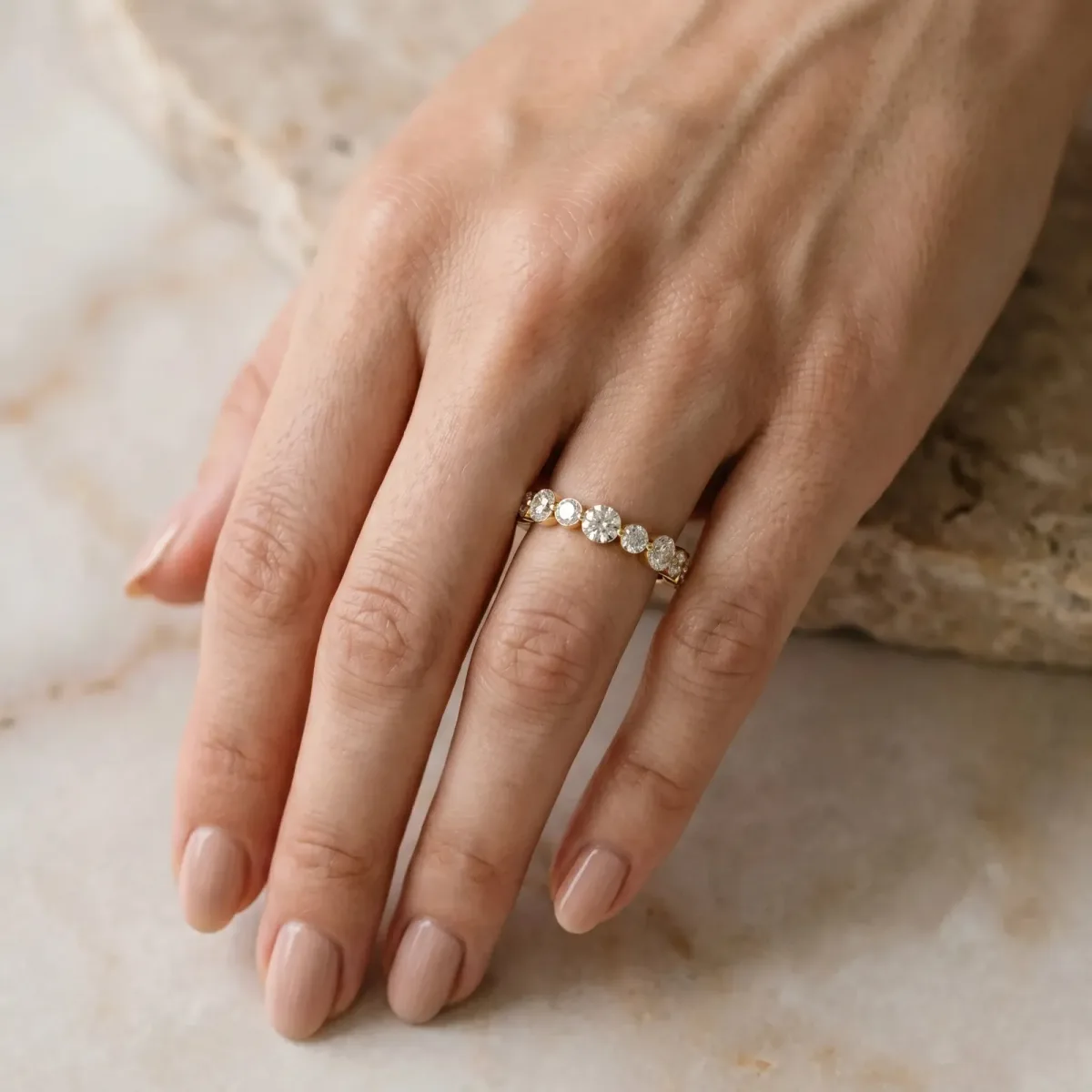 Round Diamond Scalloped Prong Set Eternity Band Yellow gold