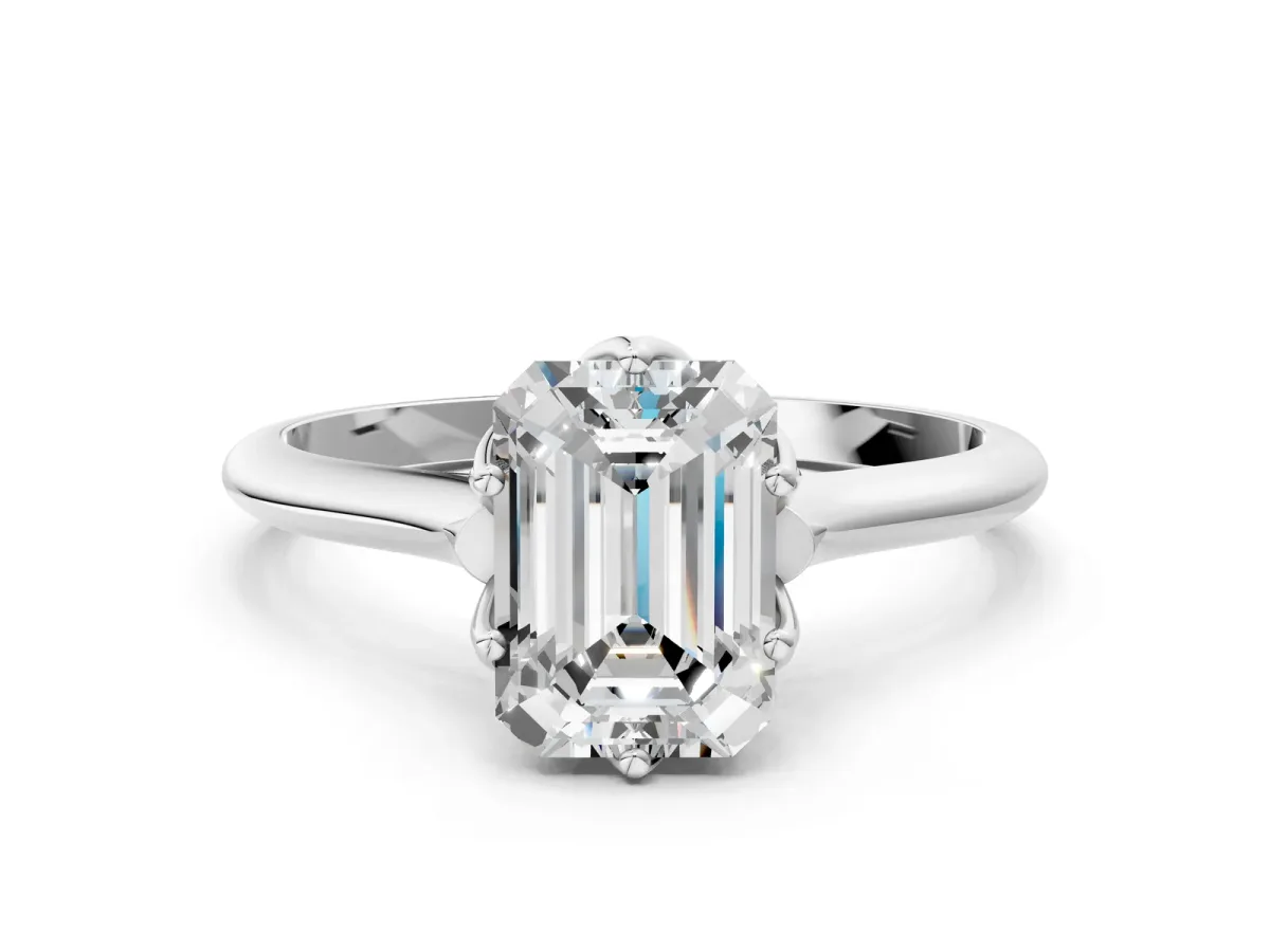 Emerald Cut Solitaire Cathedral Diamond Ring with Six-Prong Setting Silver
