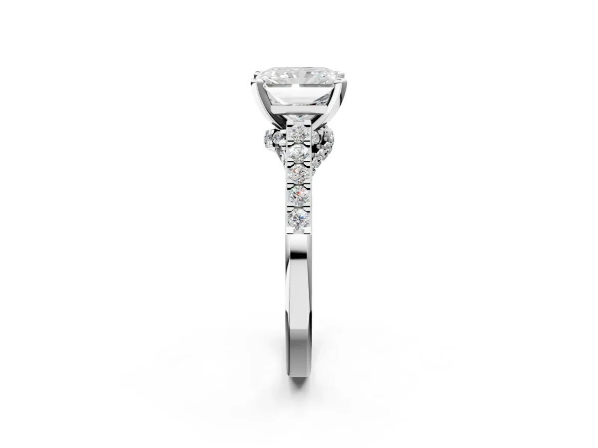 Radiant Cut Diamond Solitaire Ring with Crossover Gallery and Round Pavé Band Silver