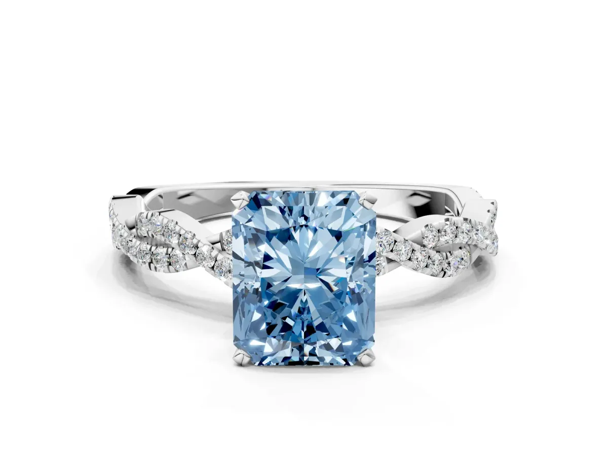 Fancy Blue Radiant Cut Solitaire Twisted Pave Band with Four-Prong Setting Platinum