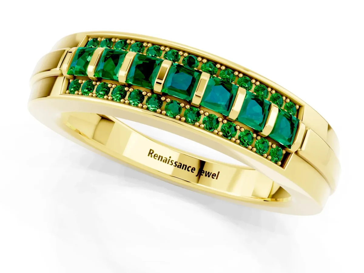 Bar-Set Princess Cut Emerald Pavé Band Yellow gold
