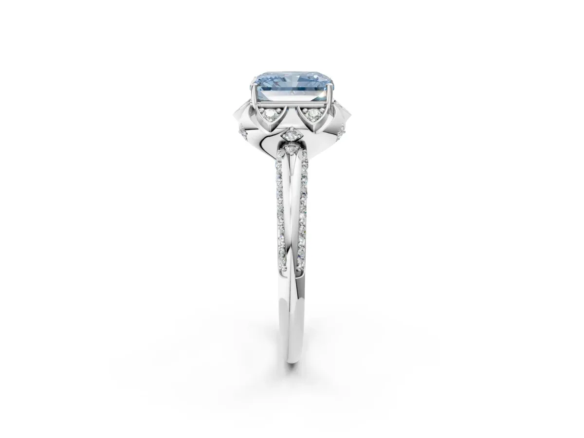 Fancy Blue Radiant Cut Halo Split Shank Pave Diamond Ring with Petal Prong Setting Platinum