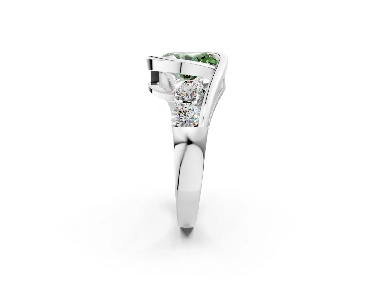 Fancy Green Bezel Set Oval Cut Diamond Bypass Ring with Round Accents Platinum