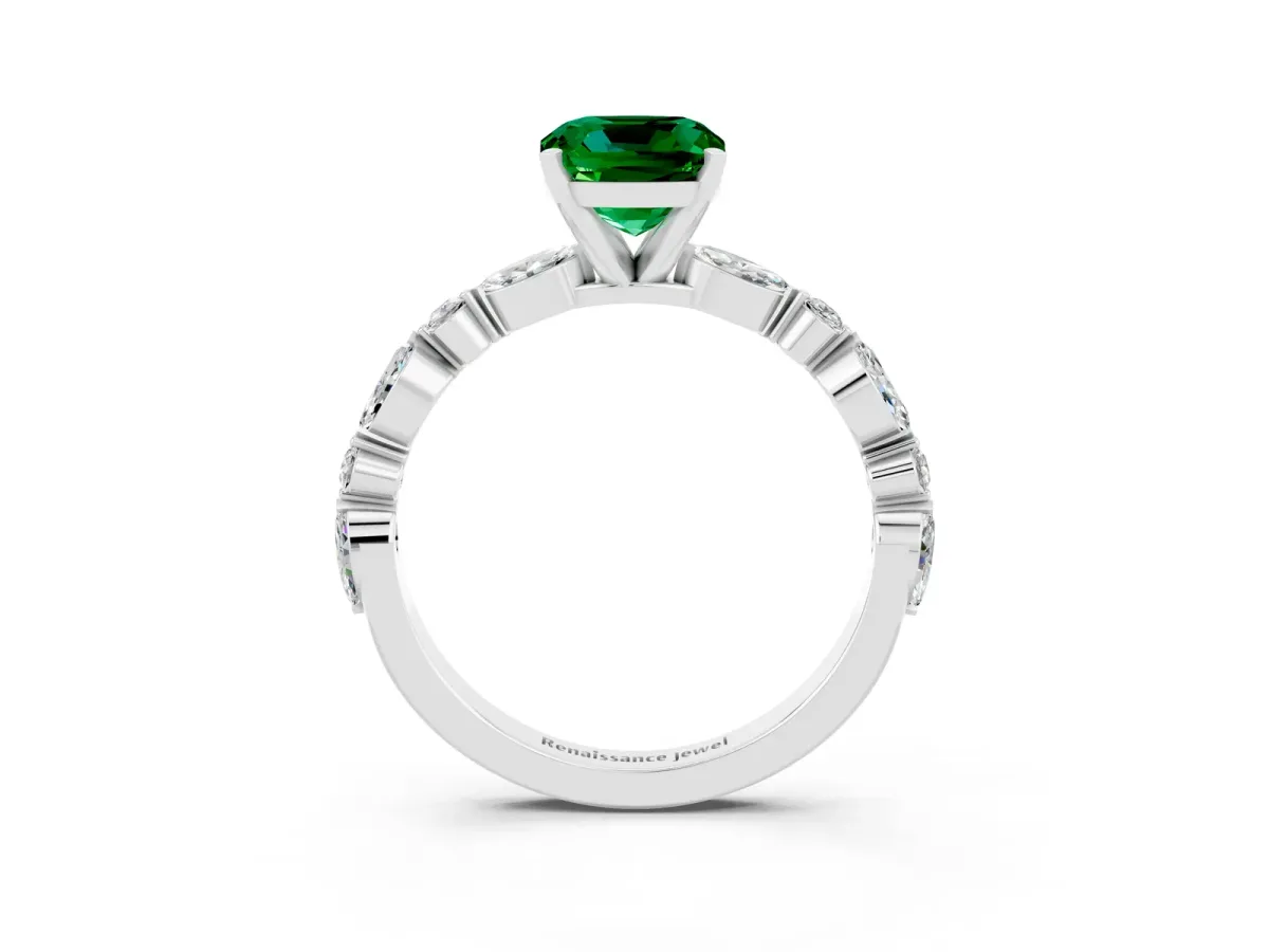 Cushion Cut Emerald Ring with Marquise and Round Side Stones and Four-Prong Setting Silver