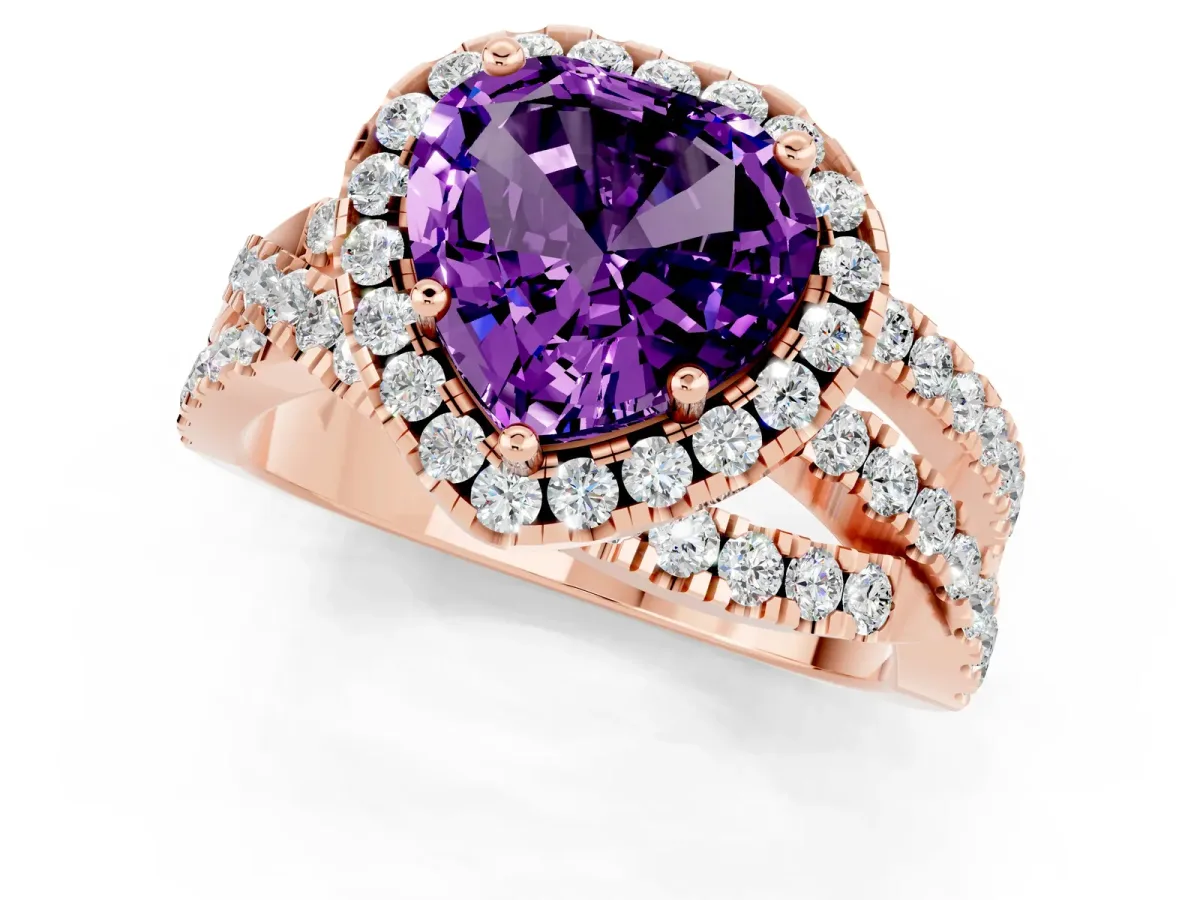 Heart Cut Amethyst Halo Ring with Round Split Shank and Prong Setting Rose gold