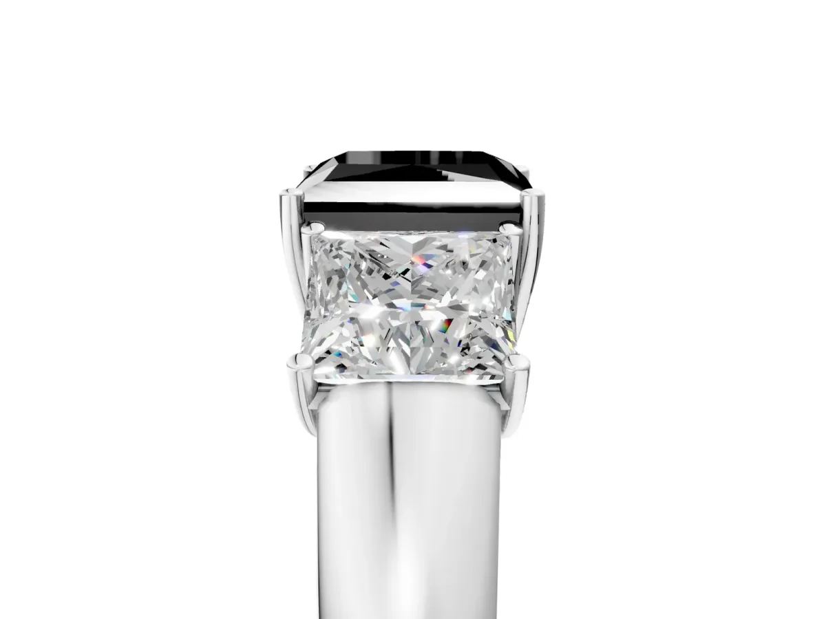 Fancy Black Three-Stone Princess Cut Cut Diamond Ring with Prong Setting and Classic Band White gold