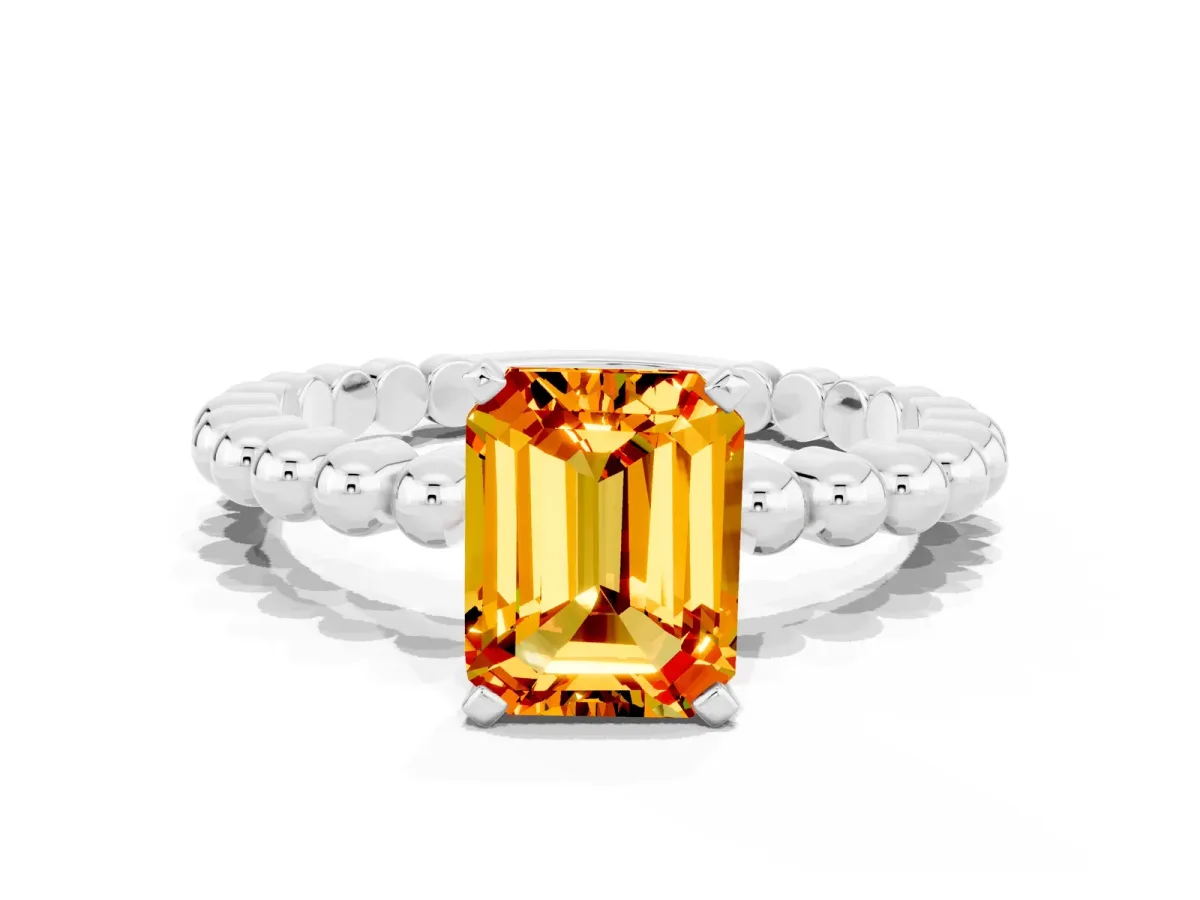 Emerald Cut Citrine Solitaire Ring with Beaded Band and Prong Setting White gold