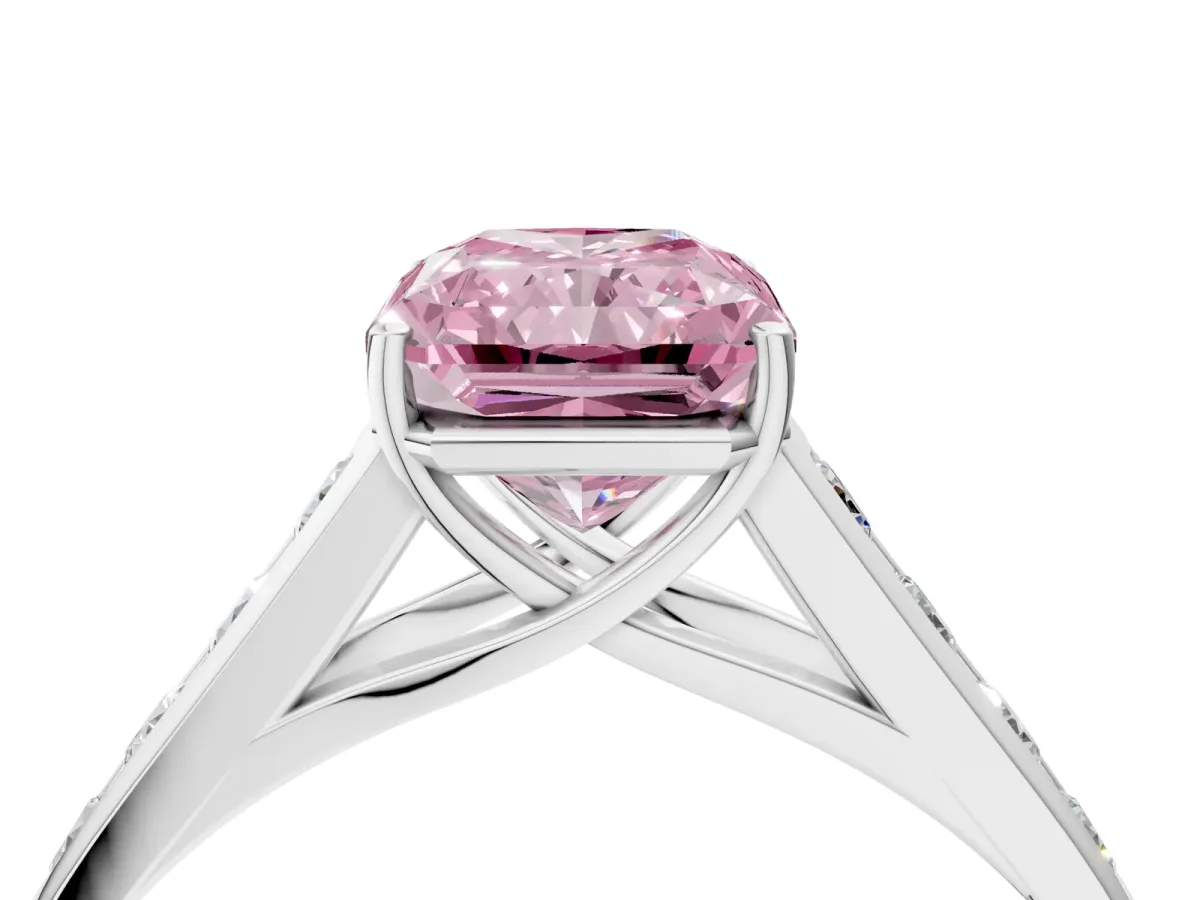 Fancy Pink Radiant Cut Brilliant Channel-Set Solitaire Ring with Four-Prong Setting Platinum