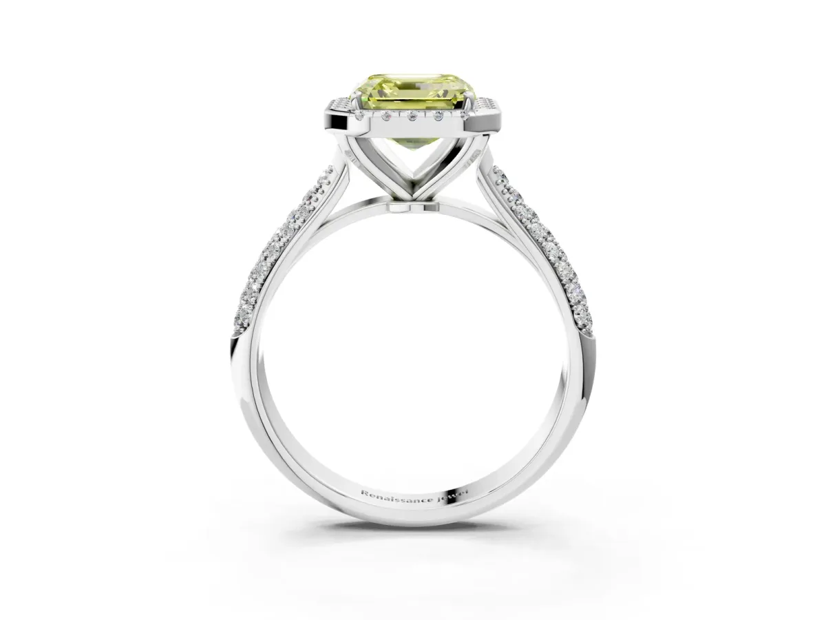 Fancy Yellow Asscher Cut Halo Diamond Ring with Pavé Band Platinum