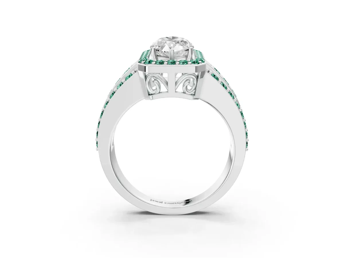Marquise Cut Halo Diamond Ring with Round Green Sapphire Split Shank and Prong Setting Silver