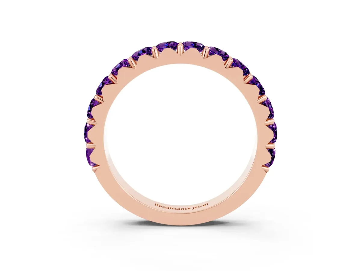 Round Amethyst Half Eternity Band with Classic Prong Setting Rose gold