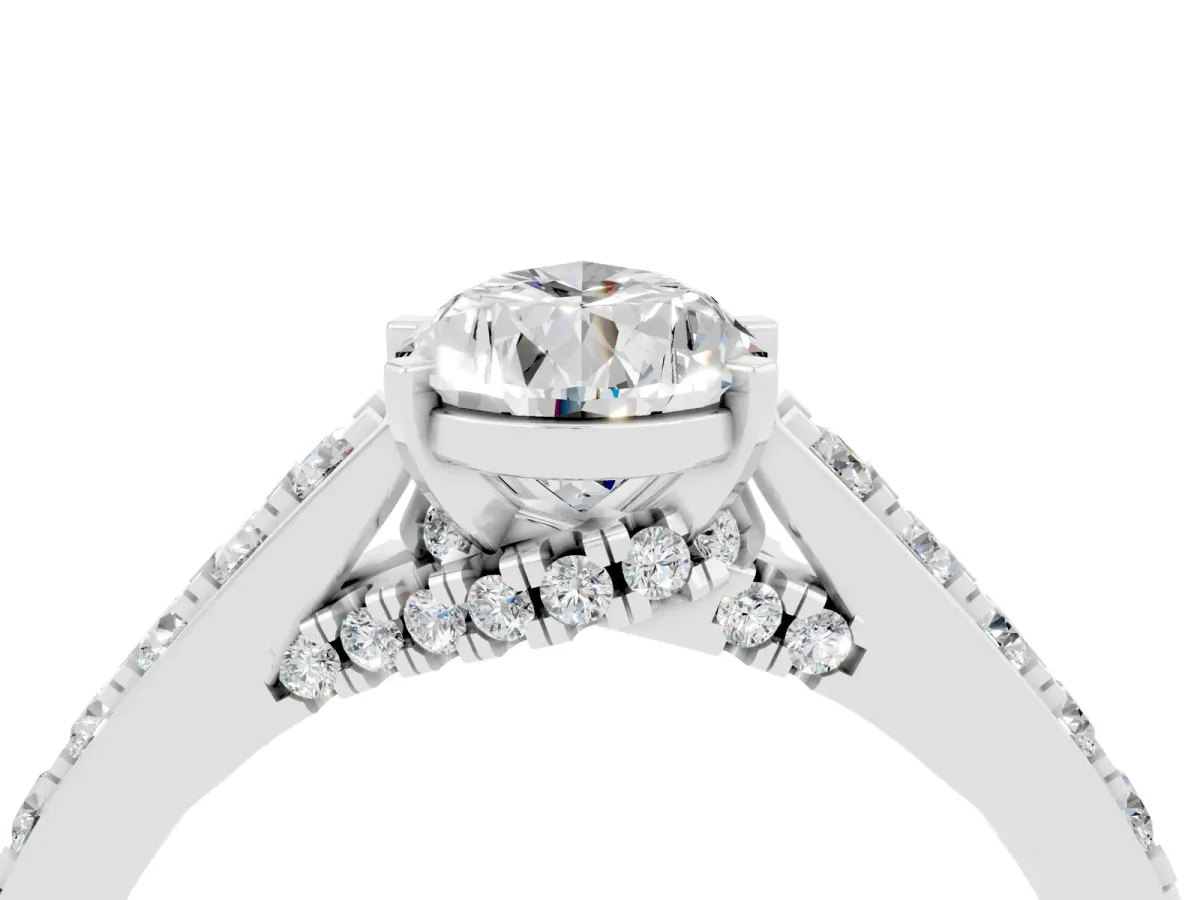Pear Cut Moissanite Solitaire Ring with Crossover Gallery and Round Pavé Band Silver
