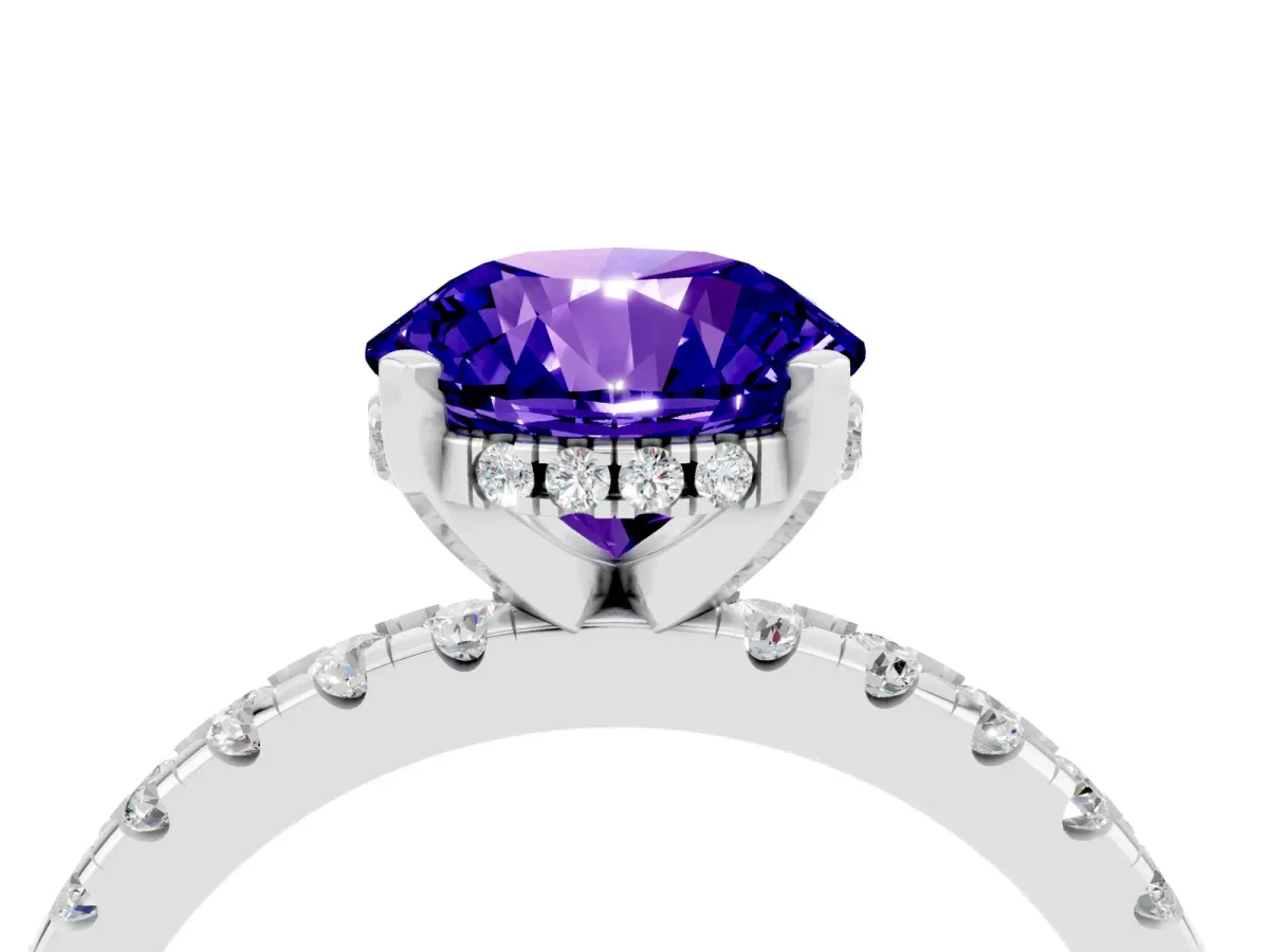 Round Cut Tanzanite Solitaire Ring with Round Pavé Band and Four-Prong Setting Silver