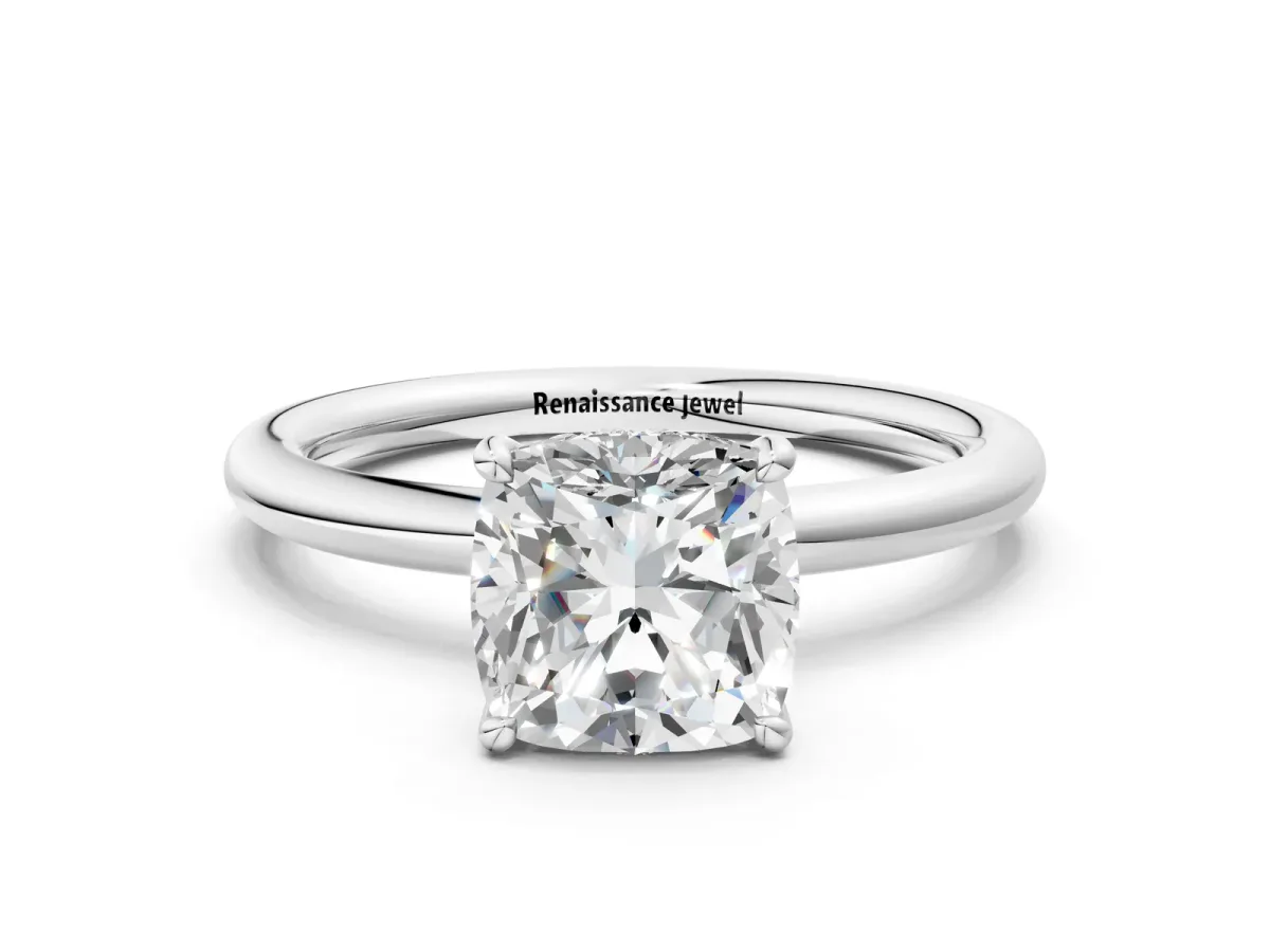 Cushion Cut Diamond Solitaire Ring with Thin Band and Four-Prong Setting Platinum