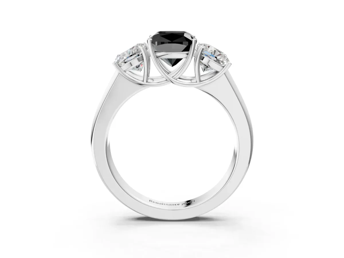 Fancy Black Three-Stone Cushion Cut Cut Diamond Ring with Prong Setting and Classic Band White gold