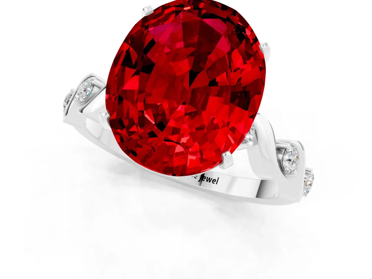 Oval Cut Ruby Solitaire Twisted Band with Round Accents and Prong Setting Silver