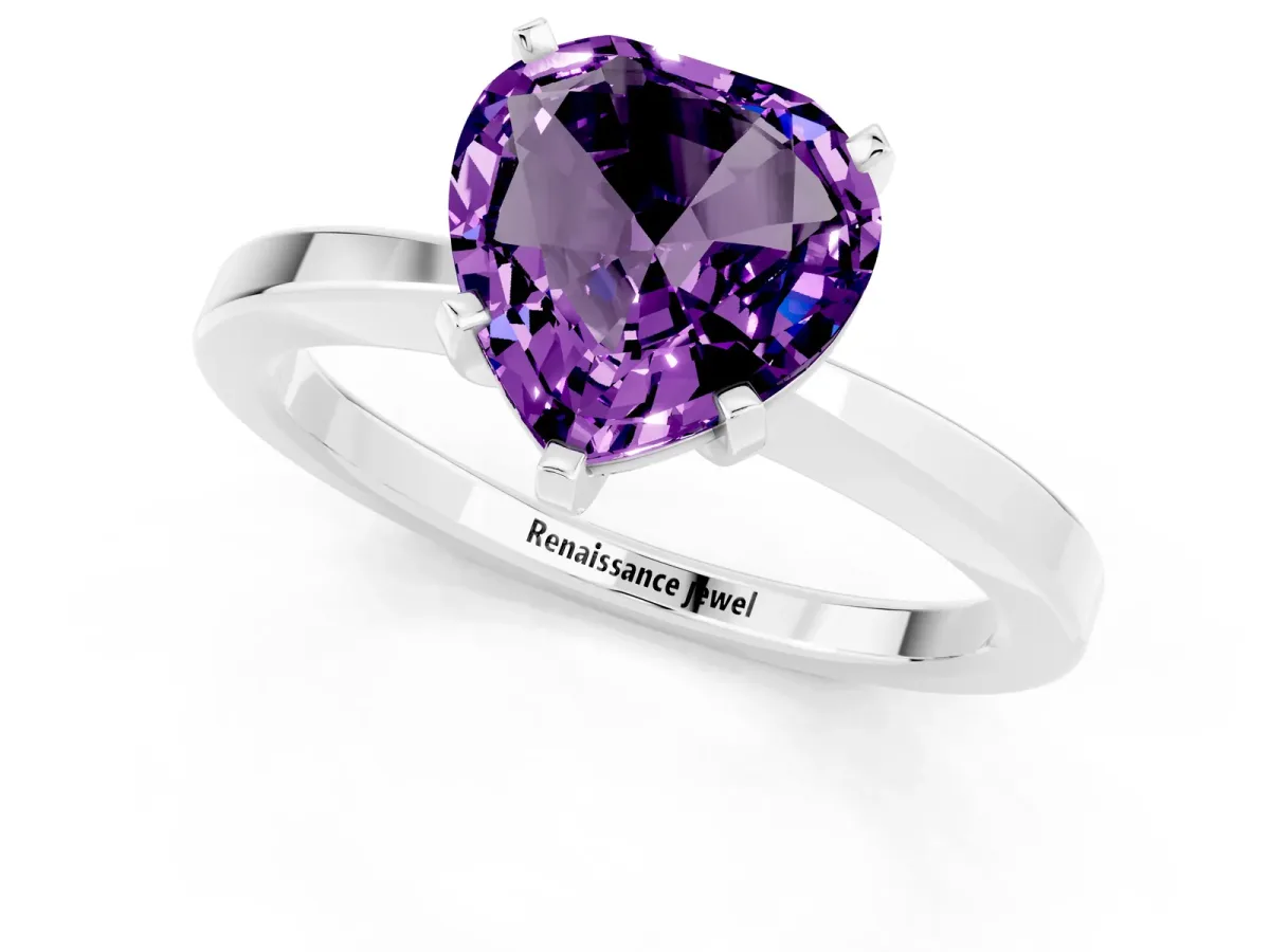 Heart Cut Amethyst Solitaire Engagement Ring with Classic Band and Four-Prong Setting Silver
