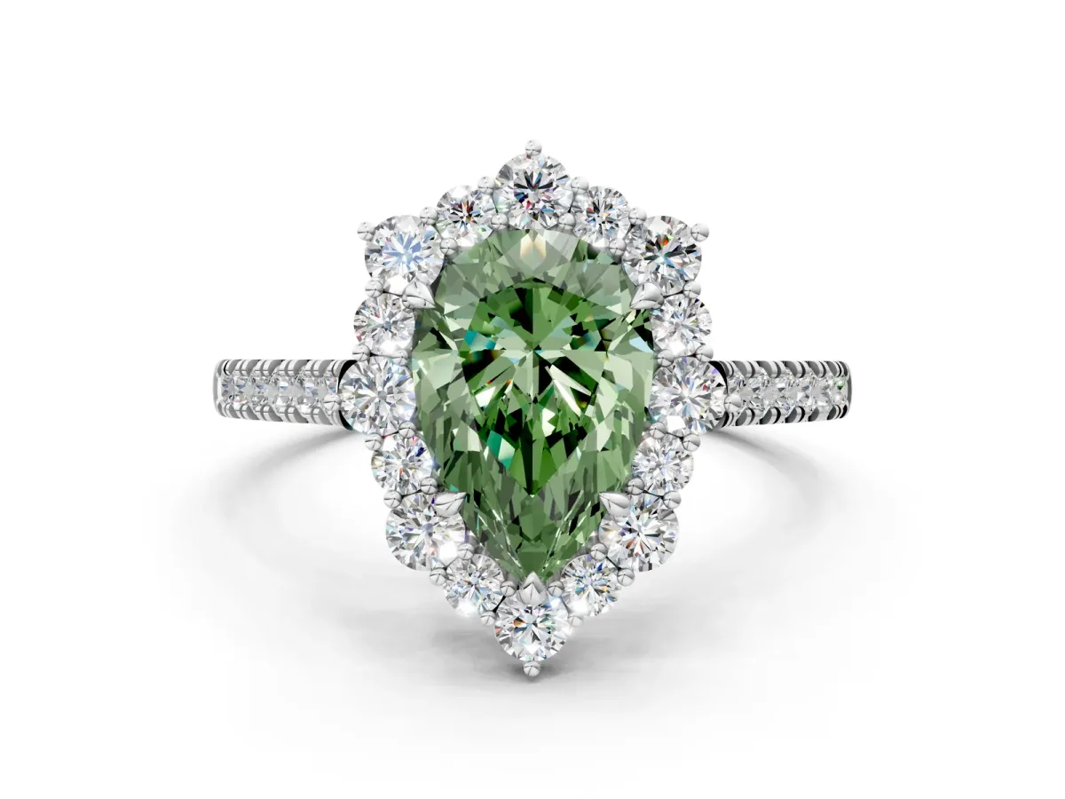 Fancy Green Pear Cut Halo Diamond Ring with Pavé Band and Prong Setting Silver