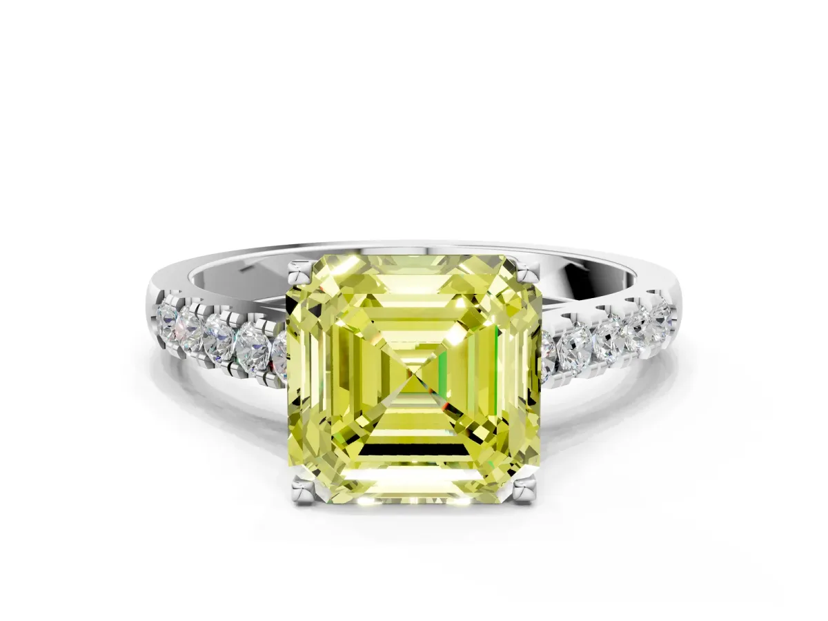 Fancy Yellow Asscher Cut Diamond Pavé Band Solitaire Ring with Prong Setting Platinum